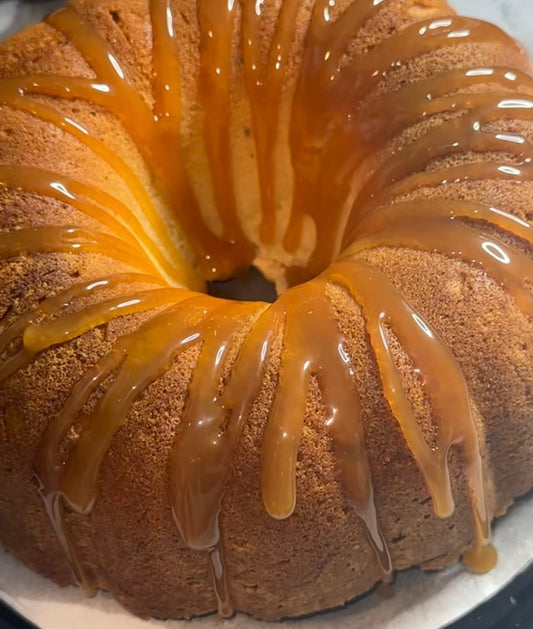 Cream Cheese Pound Cake with a rich buttery Caramel Sauce