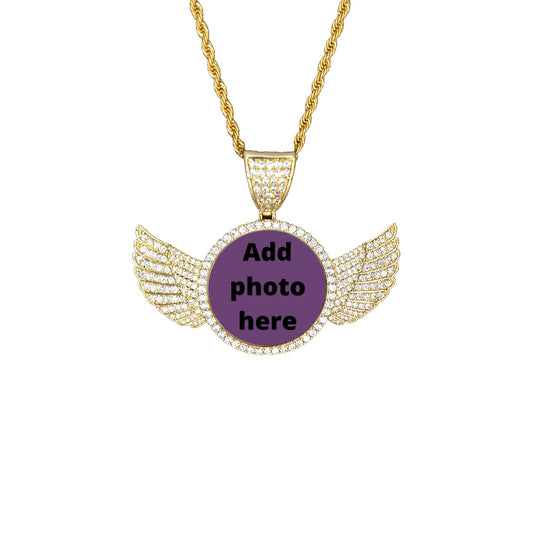 Gold Wings Memorial Pendant with Rope Chain Wings Gold Photo Pendant with Rope Chain