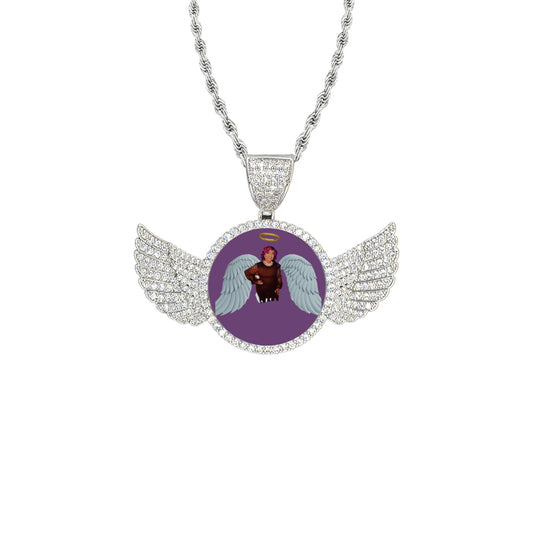 Customizable Memorial Pendant Wings Silver Photo Pendant with Rope Chain